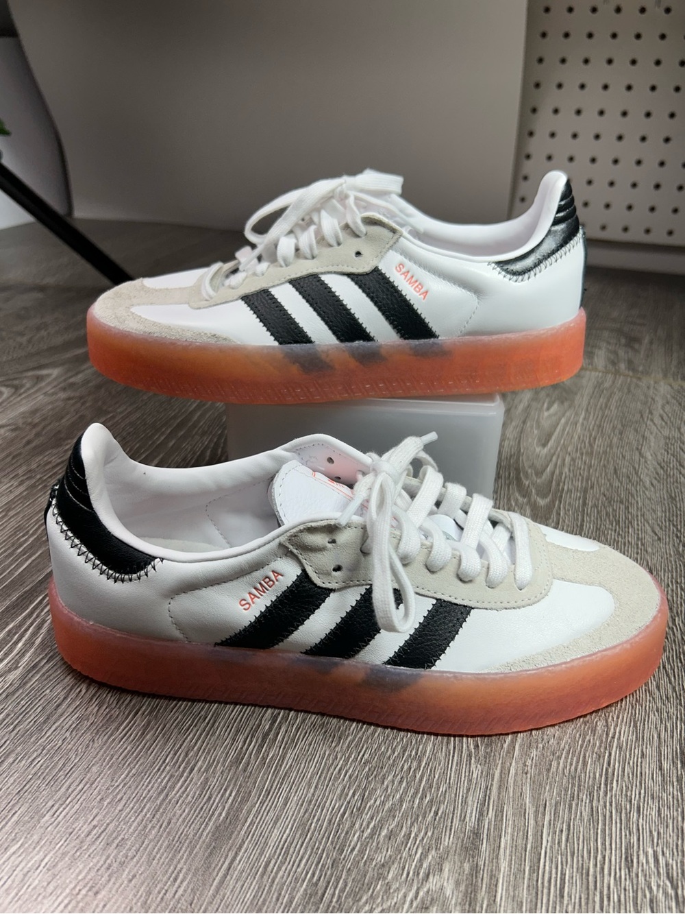 Adidas Samba White Leather Sneakers with Black Stripes & Orange Gum Sole